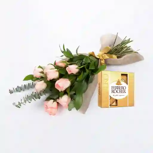 Bouquet 9 Rosas Rosadas Combo Chocolate Con Ferrero Rocher Pequeño