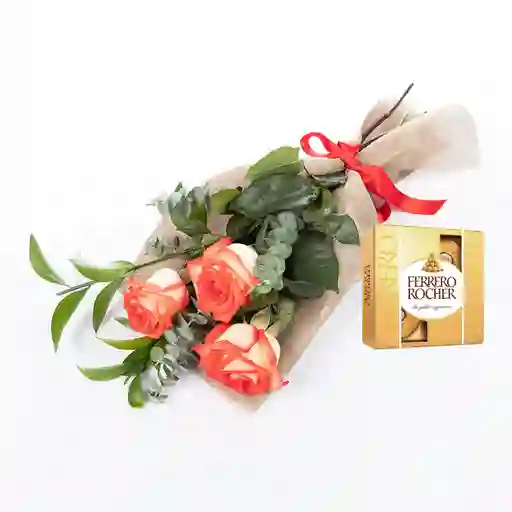 Bouquet 3 Rosas Rosadas Combo Chocolate Con Ferrero Rocher Pequeño