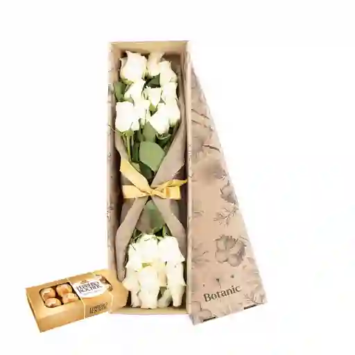 Caja De 24 Rosas Blancas Combo Chocolate Con Ferrero Rocher X 8