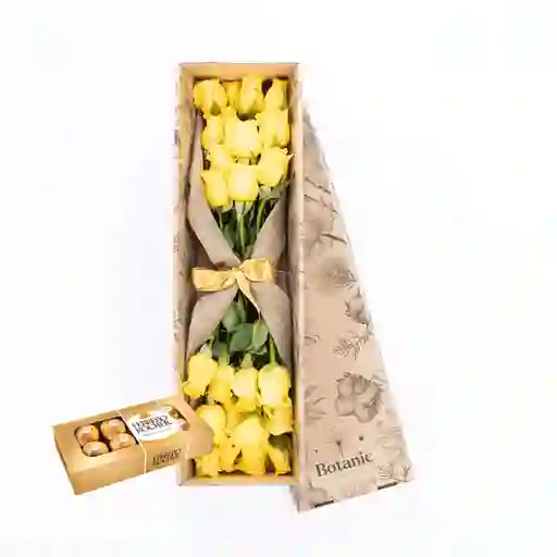 Caja De 24 Rosas Amarillas / Naranja Combo Chocolate Con Ferrero Rocher X 8