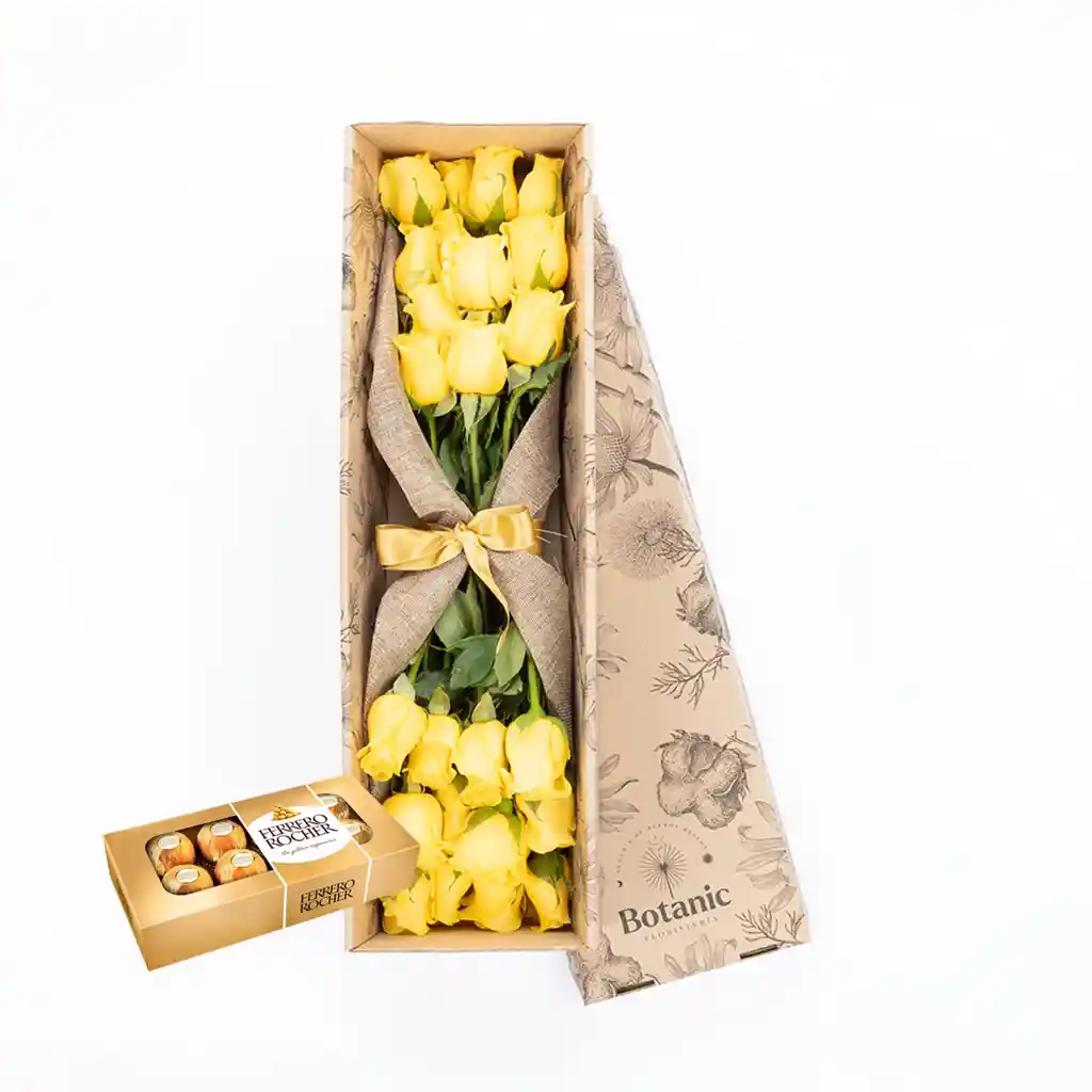 Caja De 24 Rosas Amarillas / Naranja Combo Chocolate Con Ferrero Rocher X 8