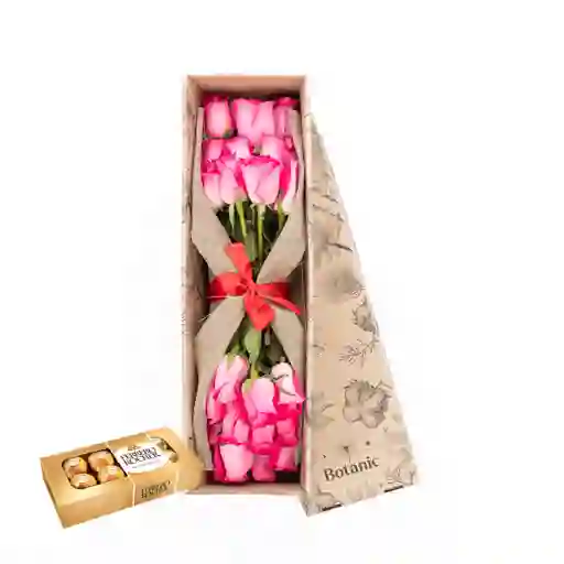 Caja 24 Rosas Rosadas / Fucsias Combo Chocolate Con Ferrero Rocher X 8