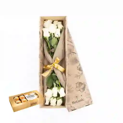 Caja De 12 Rosas Blancas Combo Chocolate Con Ferrero Rocher X 8