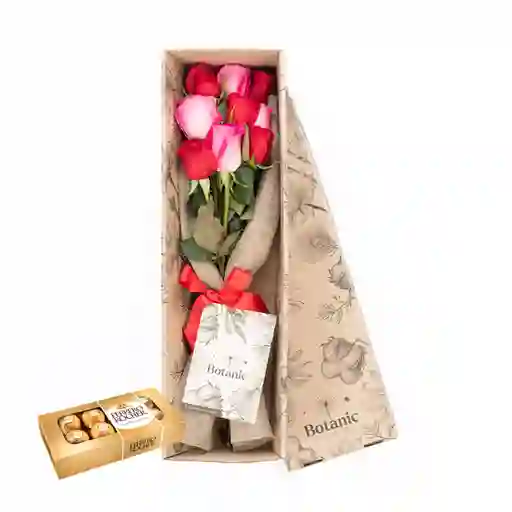 Caja De 9 Rosas Mix Combo Chocolate Con Ferrero Rocher X 8