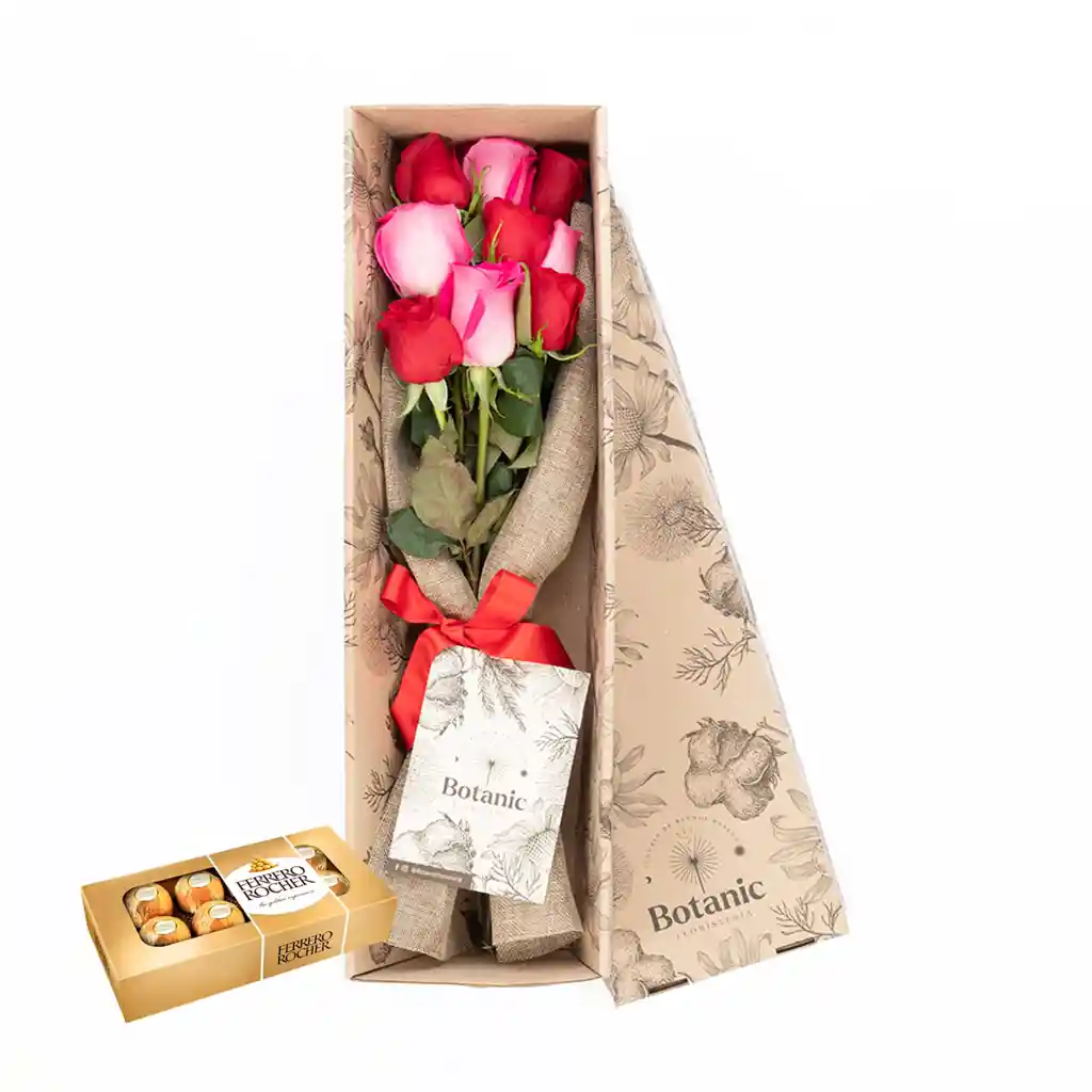 Caja De 9 Rosas Mix Combo Chocolate Con Ferrero Rocher X 8