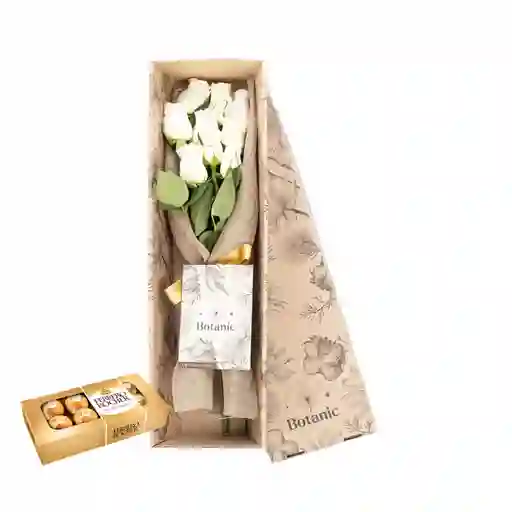 Caja De 9 Rosas Blancas Combo Chocolate Con Ferrero Rocher X 8