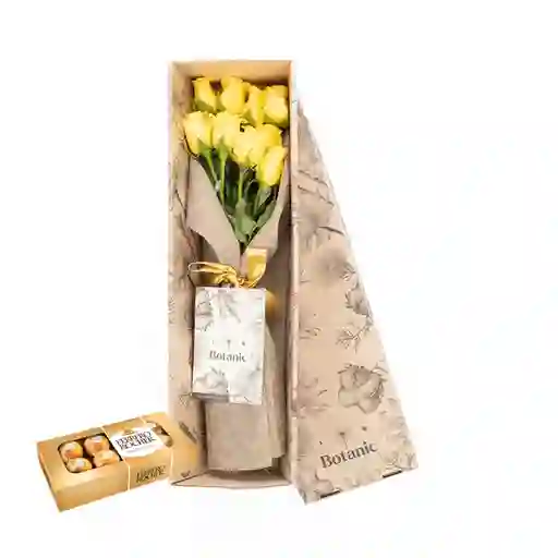 Caja De 9 Rosas Amarillas / Naranja Combo Chocolate Con Ferrero Rocher X 8