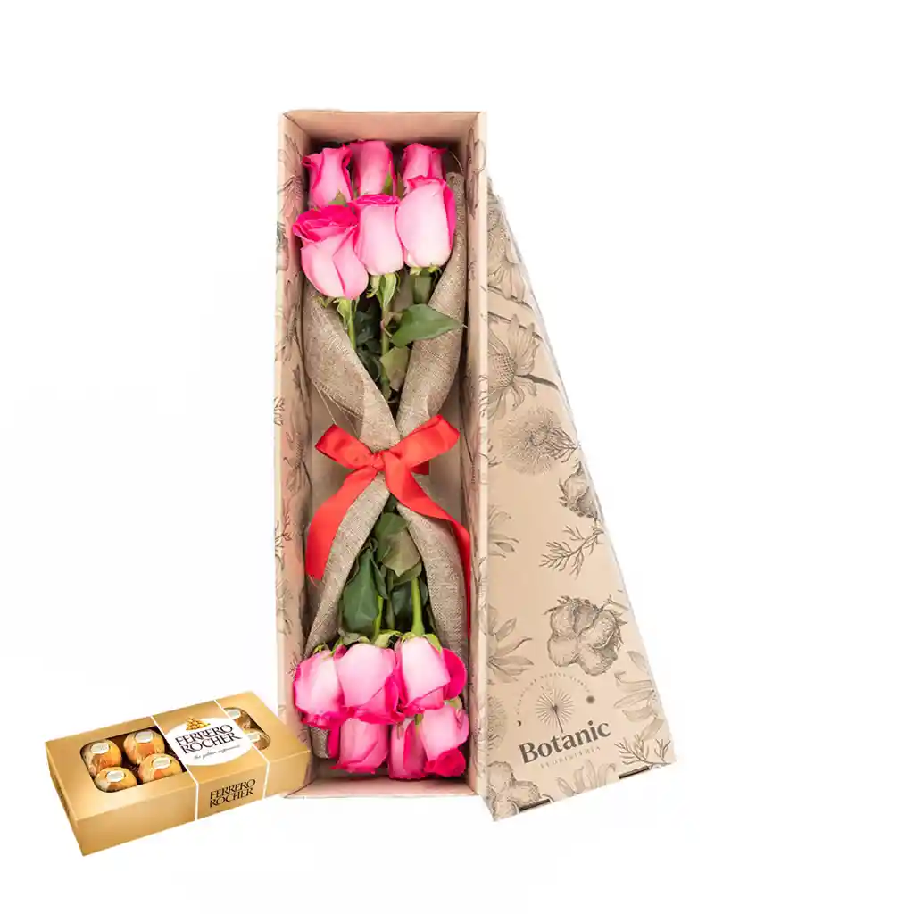 Caja De Flores 12 Rosas Rosadas Combo Chocolate Con Ferrero Rocher X 8