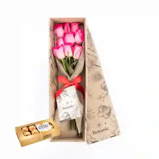 Caja 9 Rosas Rosadas Combo Chocolate Con Ferrero Rocher X 8