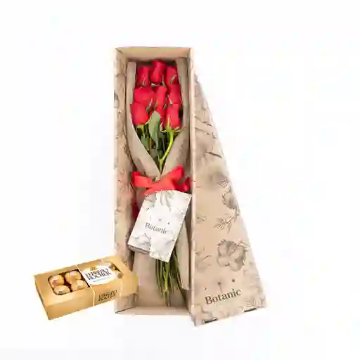 Caja 9 Rosas Rojas Combo Chocolate Con Ferrero Rocher X 8