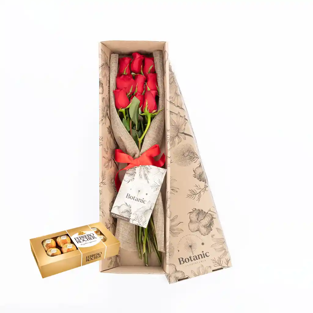 Caja 9 Rosas Rojas Combo Chocolate Con Ferrero Rocher X 8