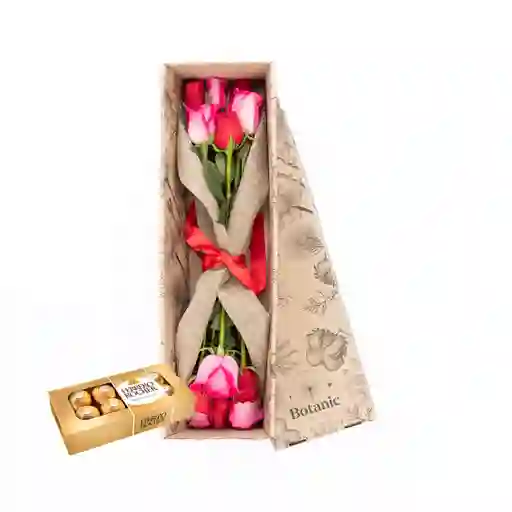 Caja 12 Rosas Mix Combo Chocolate Con Ferrero Rocher X 8