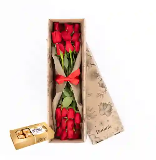 Caja 24 Rosas Rojas Combo Chocolate Con Ferrero Rocher X 8