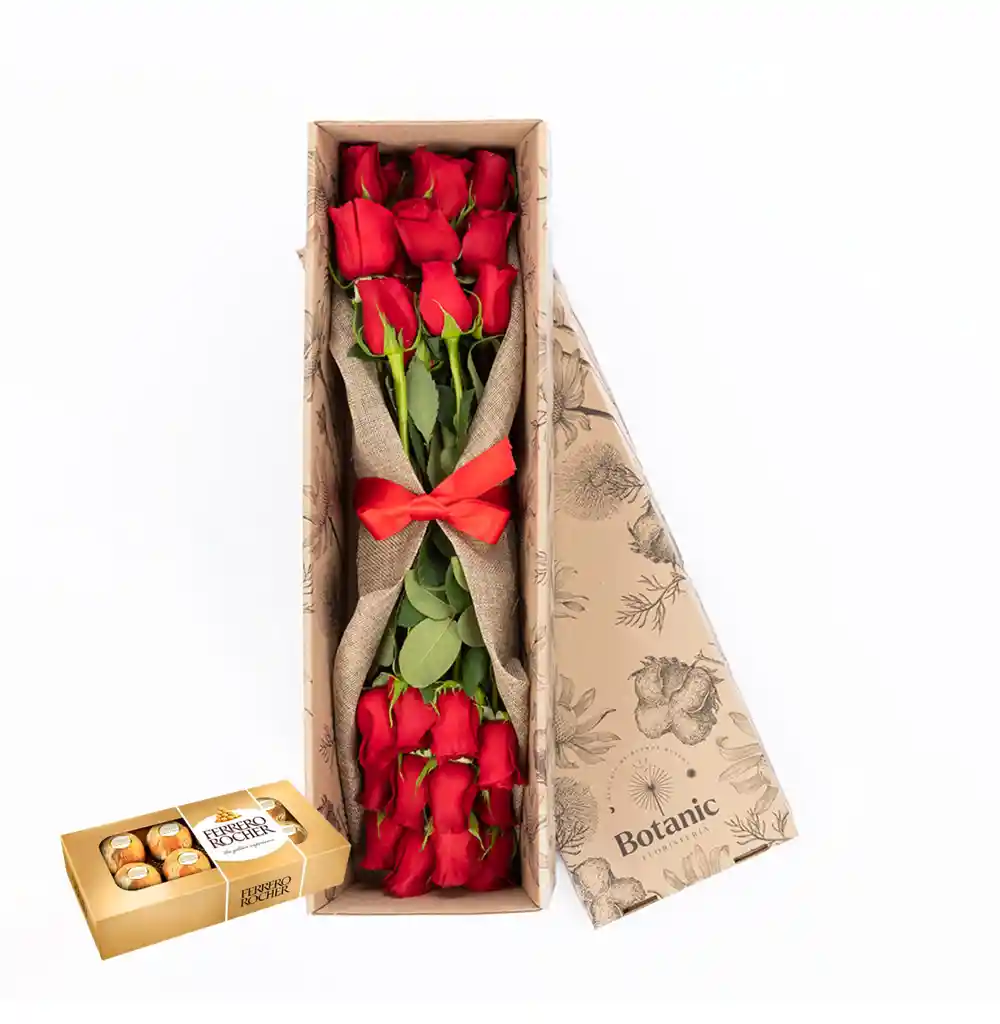 Caja 24 Rosas Rojas Combo Chocolate Con Ferrero Rocher X 8