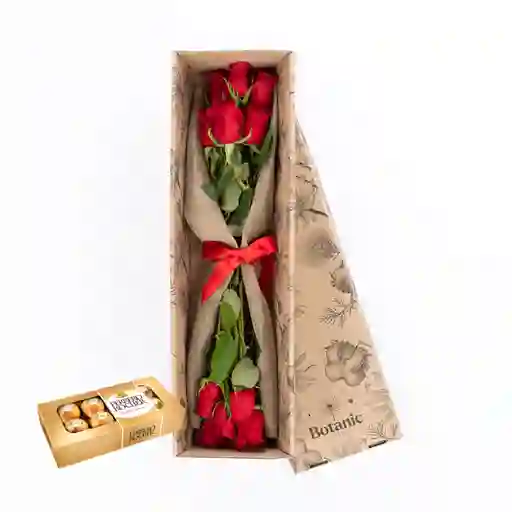 Caja 12 Rosas Rojas Combo Chocolate Con Ferrero Rocher X 8