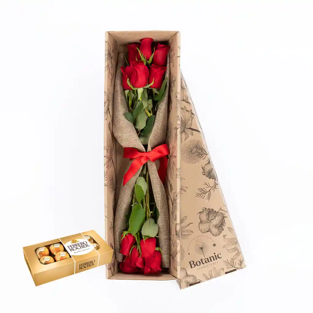 Caja De Flores 12 Rosas Rojas Combo Chocolate Con Ferrero Rocher X 8