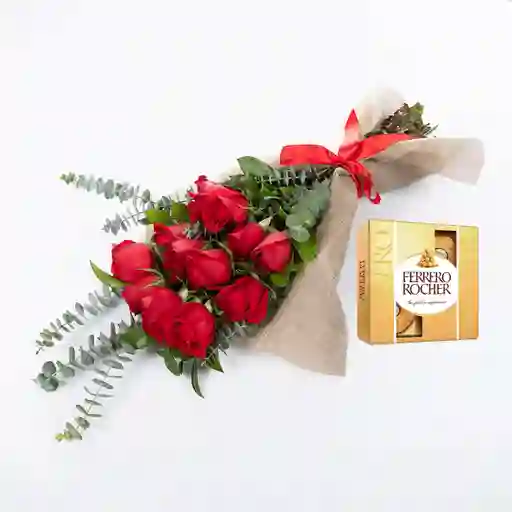 Bouquet 12 Rosas Rojas Combo Chocolate Con Ferrero Rocher Pequeño