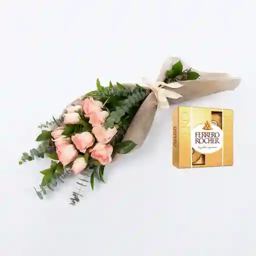 Bouquet 12 Rosas Rosadas / Fucsia Combo Chocolate Con Ferrero Rocher Pequeño