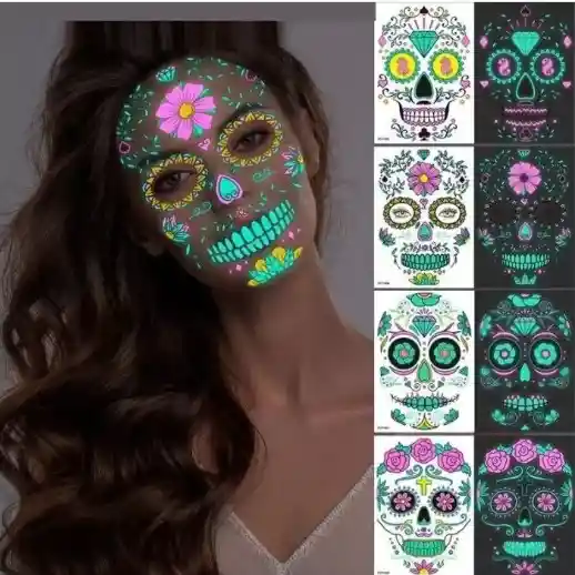 Disfraz Catrina Halloween Dia De Muertos Tatuaje Brillo Uv Neón Fluorescente