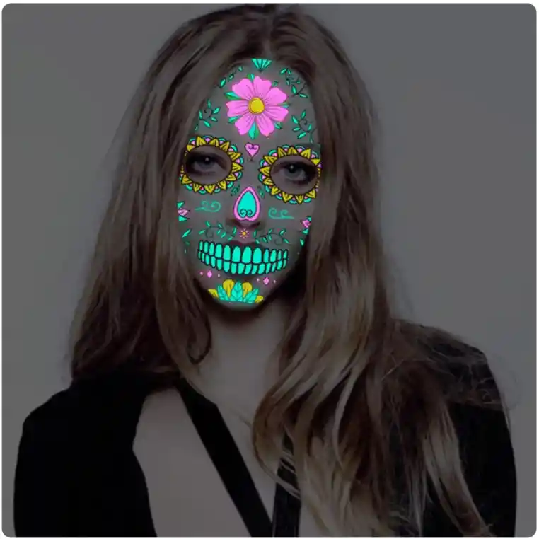 Disfraz Catrina Halloween Dia De Muertos Tatuaje Brillo Uv Neón Fluorescente