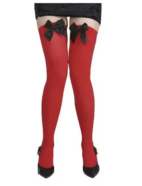 Media Elastica Alta Roja Con Moño Negro Halloween Disfraz