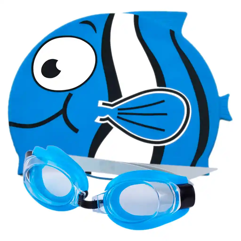 Set Niños Natación Kit Gafas + Gorro Pez Silicona - Azul