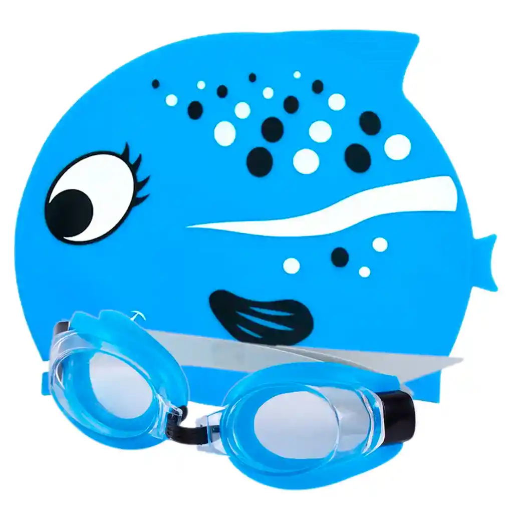 Set Niños Natación Kit Gafas + Gorro Pez Silicona - Azul