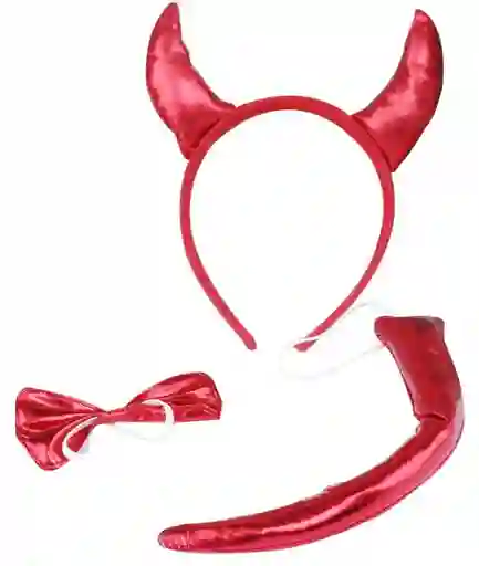 Set Diadema, Corbatin Y Cola Diablo Rojo Satin Disfraz Halloween