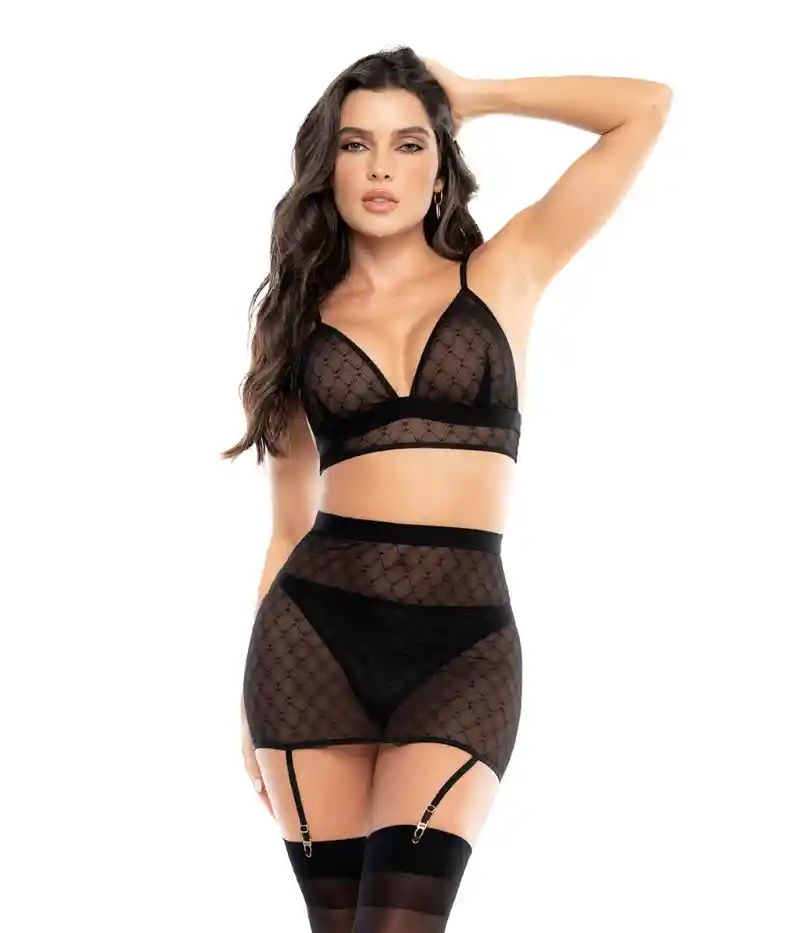 Talla S/m - Conjunto De Lencería De 3 Piezas En Malla Negro