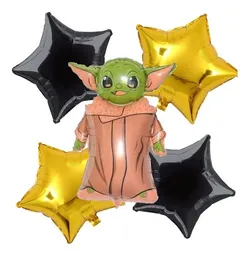 Globos Baby Yoda Y Estrellas Negras Y Doradas