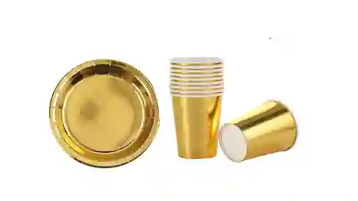 Set 10 Platos Torta + 10 Vasos Desechables Cartón Dorados
