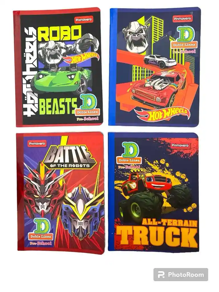 Cuaderno Cosido Motivo Surtido, Robots, Truck, Hotwheels Doble Linea (pre- School) X100 Hojas Primavera