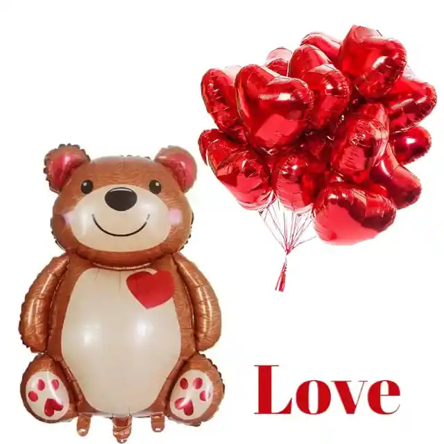 Globo Metálizado Oso Love 1uni + 12 Globos Corazón