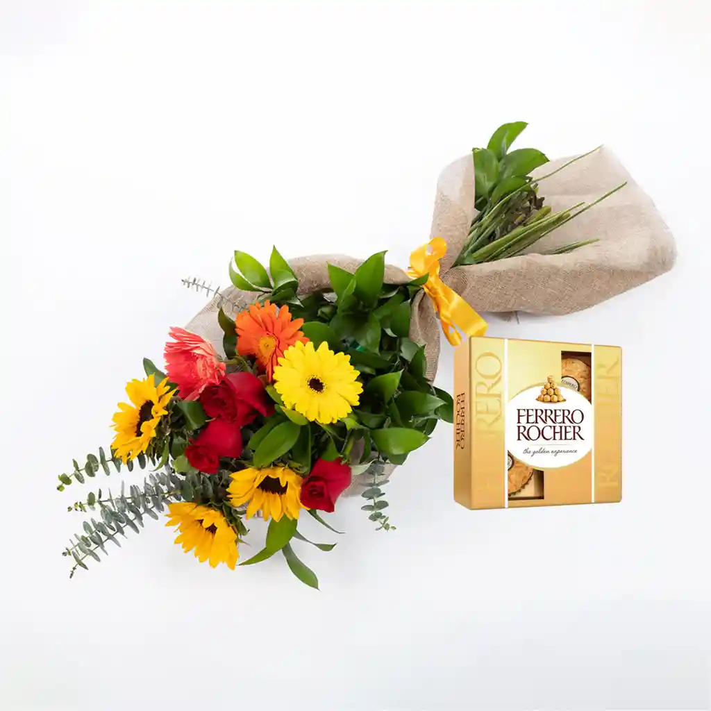 Bouquet De 4 Rosas, 3 Girasoles Y 3 Gerberas Combo Chocolate Con Ferrero Rocher Pequeño