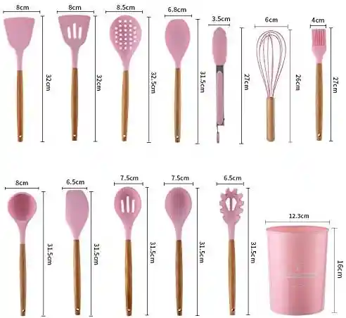 Set 12 Utensilios De Cocina Silicona Resistente Color - Rosado