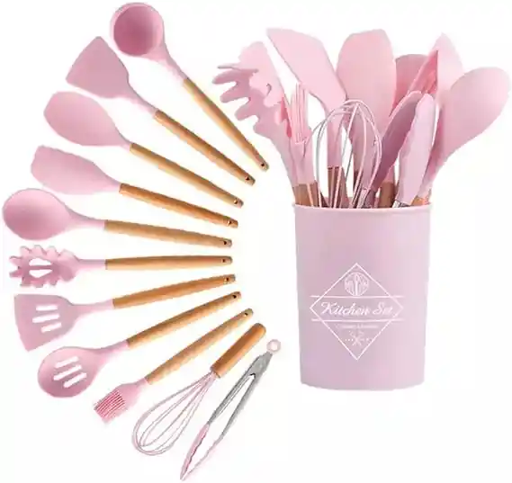 Set 12 Utensilios De Cocina Silicona Resistente Color - Rosado