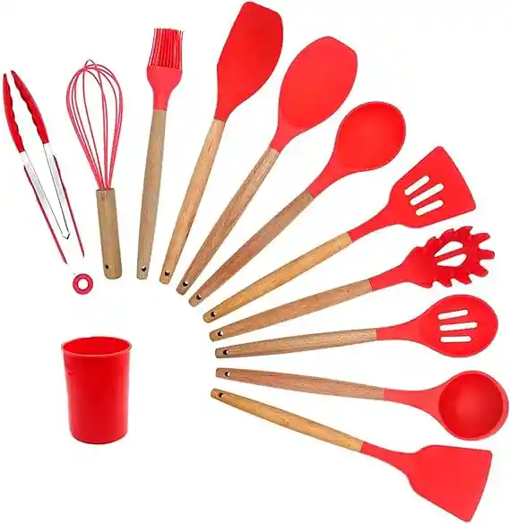 Set 12 Utensilios De Cocina Silicona Resistente Color - Rojo