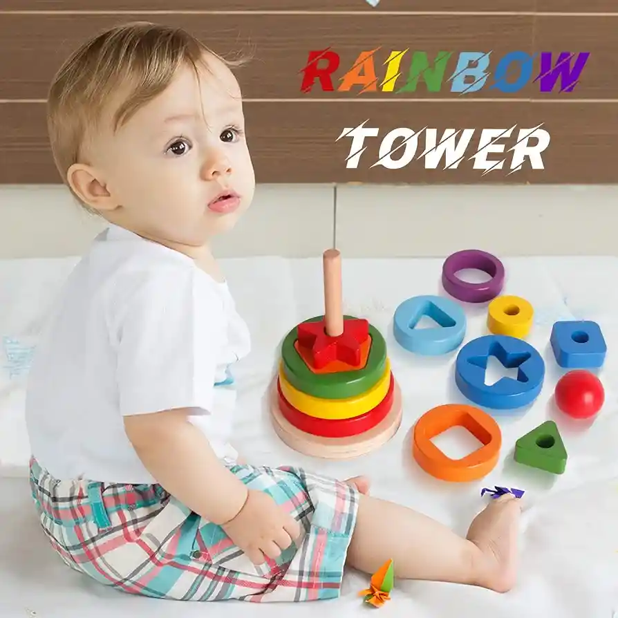 Juguete Didáctico De Madera 🔺️rainbow Tower🔻 Juguete Educativo Color🌈 Geométrico Reconocimiento De Formas Aprendizaje Montessori