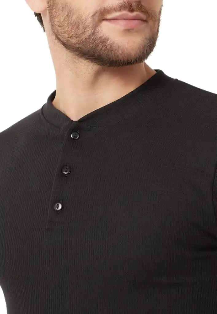 Camiseta Hombre Cuello Botones Manga Larga Henley Negro Talla Xl