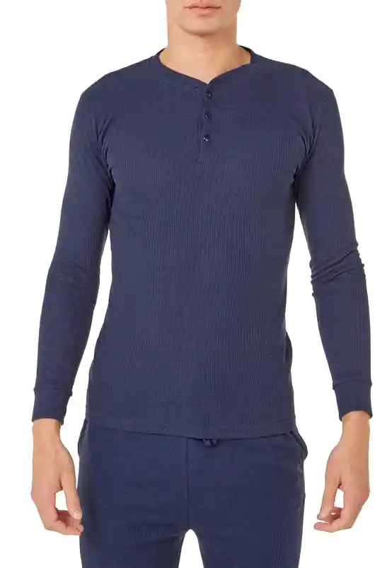 Camiseta Hombre Cuello Botones Manga Larga Henley Azul Oscuro Talla S