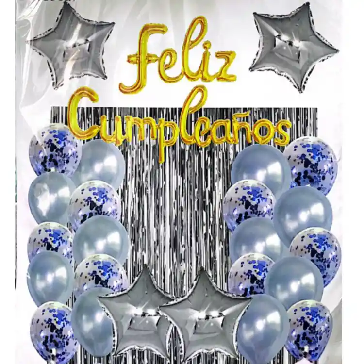 Kit Decoración Mantel Feliz Cumpleaños Cortina Globos 27 Pcz