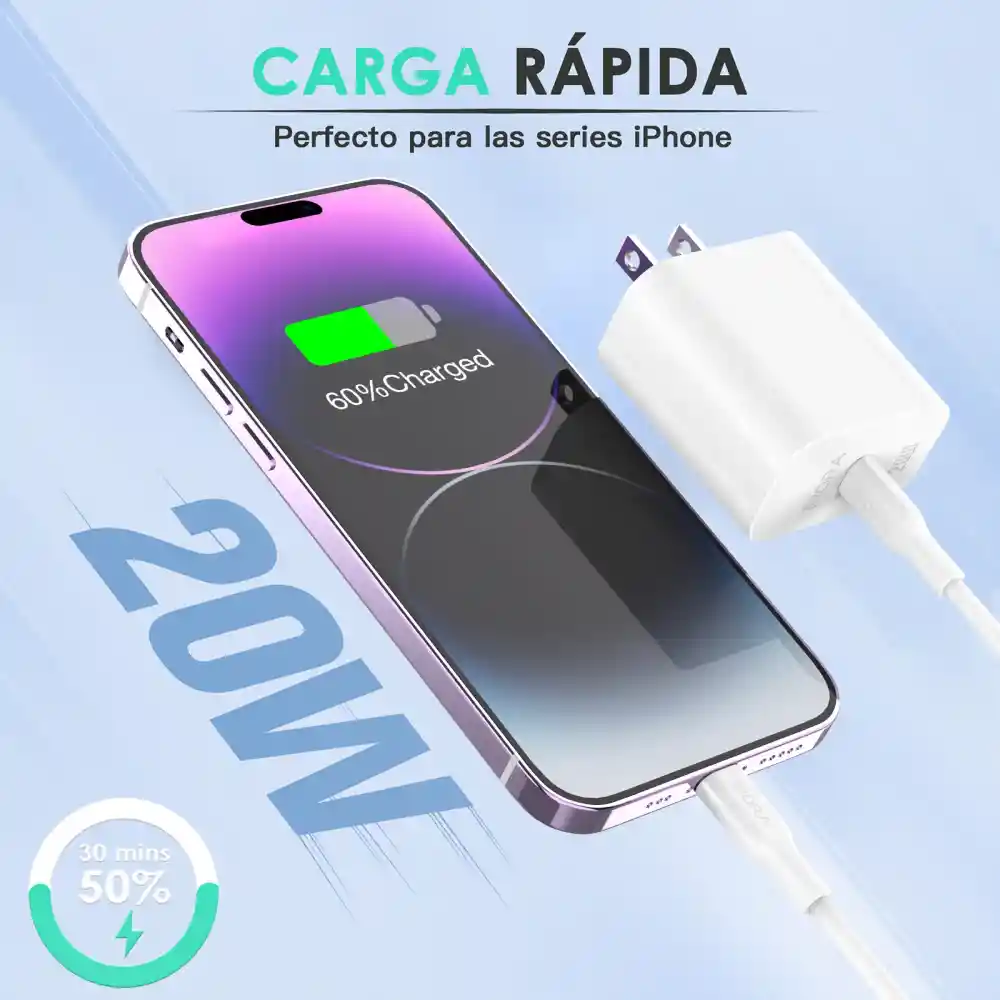 1hora Cargador 20w Rápida Con Cable Tipo C A Lighting Gar154