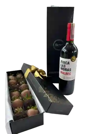 Caja De 12 Fresas Cubiertas Con Chocolate Café Más Vino Finca Las Moras 750 Ml