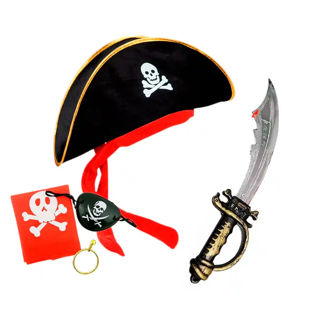 Disfraz Pirata Sombrero + Parche Arete + Espada Larga