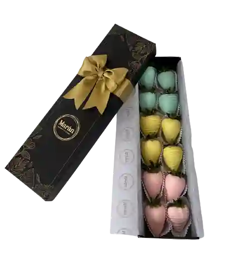 Caja De 12 Fresas Cubiertas Con Chocolate Rosado - Amarillo Y Verde