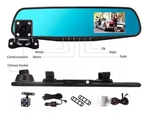 Espejo Carro Retrovisor Dvr Cámara D Reversa 4.3 Pulg 1080hd