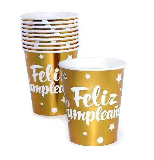 Juego De Vasos Desechables Dorados Feliz Cumpleaños X10