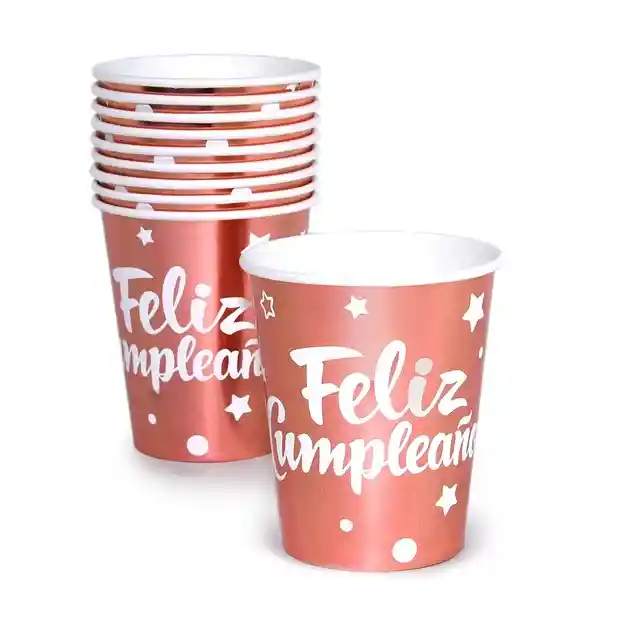 Juego De Vasos Desechables Rosados Metalizado Feliz Cumpleaños X10