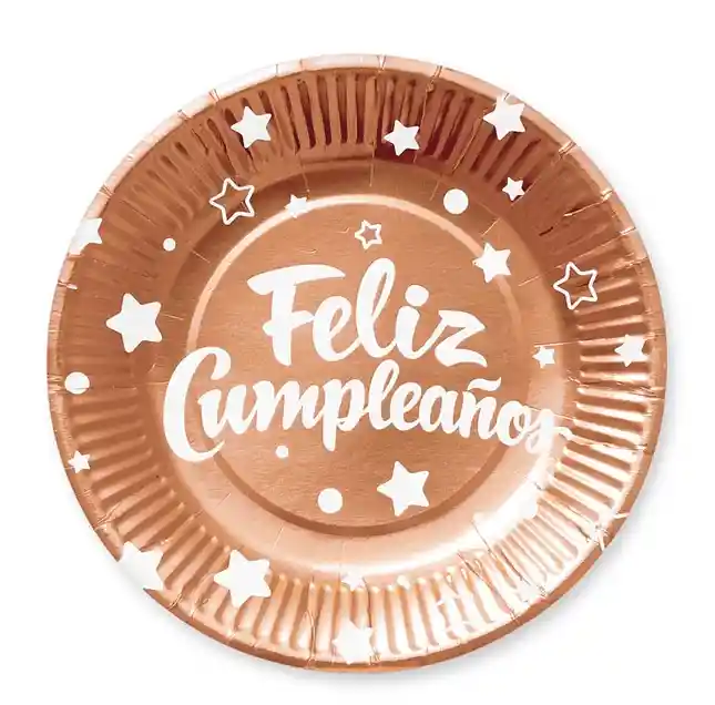 Juego De Platos Desechables Rosados Metalizado Feliz Cumpleaños X10