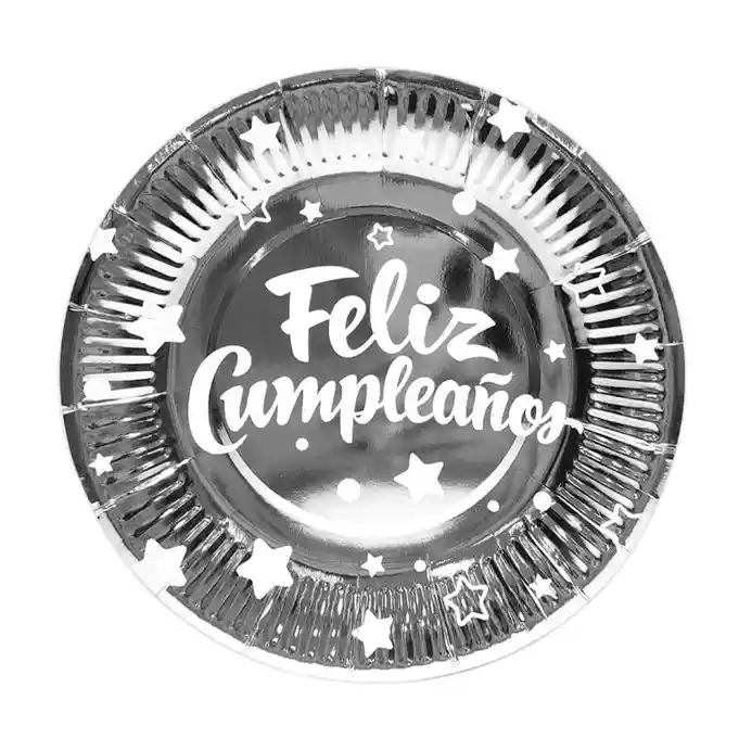 Juego De Platos Desechables Plateado Feliz Cumpleaños X10